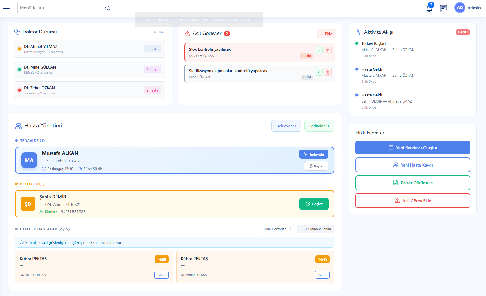 DentSys diş kliniği yönetim yazılımı ana dashboard ekranı